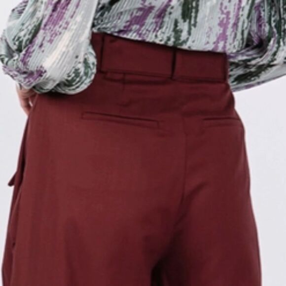 Wide Leg Pleated High Waist Belted Rust Colored Pants Ruffle Side Pockets - Picture 4 of 6